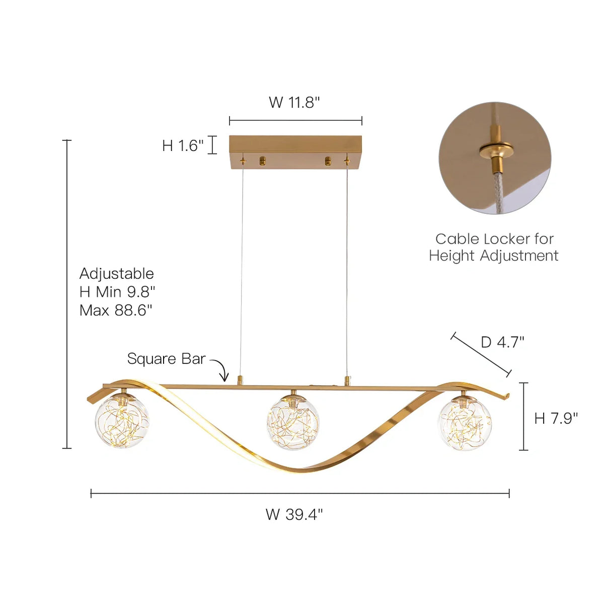 LED Chandelier for Kitchen Island & Dining Room 39 in Gold Glass Globe Ceiling Light Hanging Fixture Modern Linear Suspended Lighting for Di