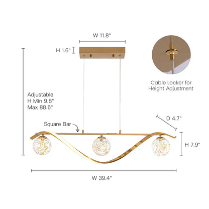 LED Chandelier for Kitchen Island & Dining Room 39 in Gold Glass Globe Ceiling Light Hanging Fixture Modern Linear Suspended Lighting for Di