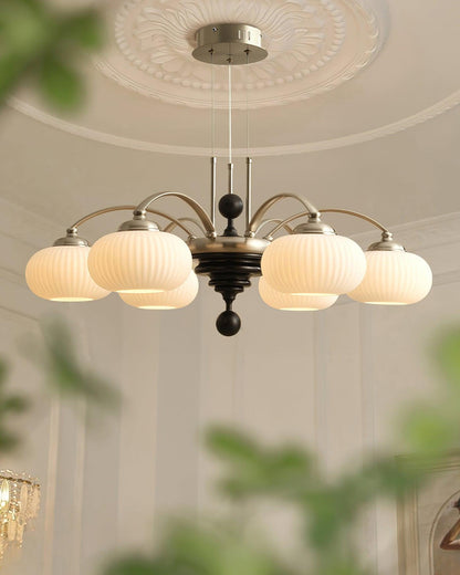 Multi-Light Wood & Glass Statement Fixture for Dining Rooms | Mixed Material Ceiling Light with Ribbed Shades | Modern Ambient Overhead Ligh