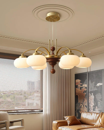 Multi-Light Wood & Glass Statement Fixture for Dining Rooms | Mixed Material Ceiling Light with Ribbed Shades | Modern Ambient Overhead Ligh