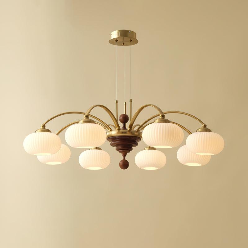 Multi-Light Wood & Glass Statement Fixture for Dining Rooms | Mixed Material Ceiling Light with Ribbed Shades | Modern Ambient Overhead Ligh