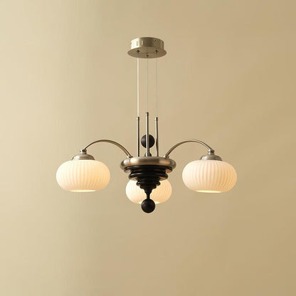 Multi-Light Wood & Glass Statement Fixture for Dining Rooms | Mixed Material Ceiling Light with Ribbed Shades | Modern Ambient Overhead Ligh