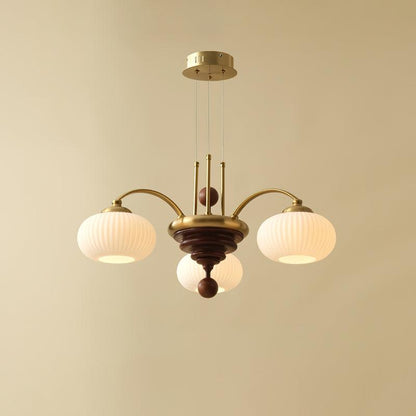 Multi-Light Wood & Glass Statement Fixture for Dining Rooms | Mixed Material Ceiling Light with Ribbed Shades | Modern Ambient Overhead Ligh