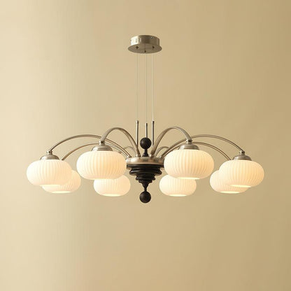 Multi-Light Wood & Glass Statement Fixture for Dining Rooms | Mixed Material Ceiling Light with Ribbed Shades | Modern Ambient Overhead Ligh