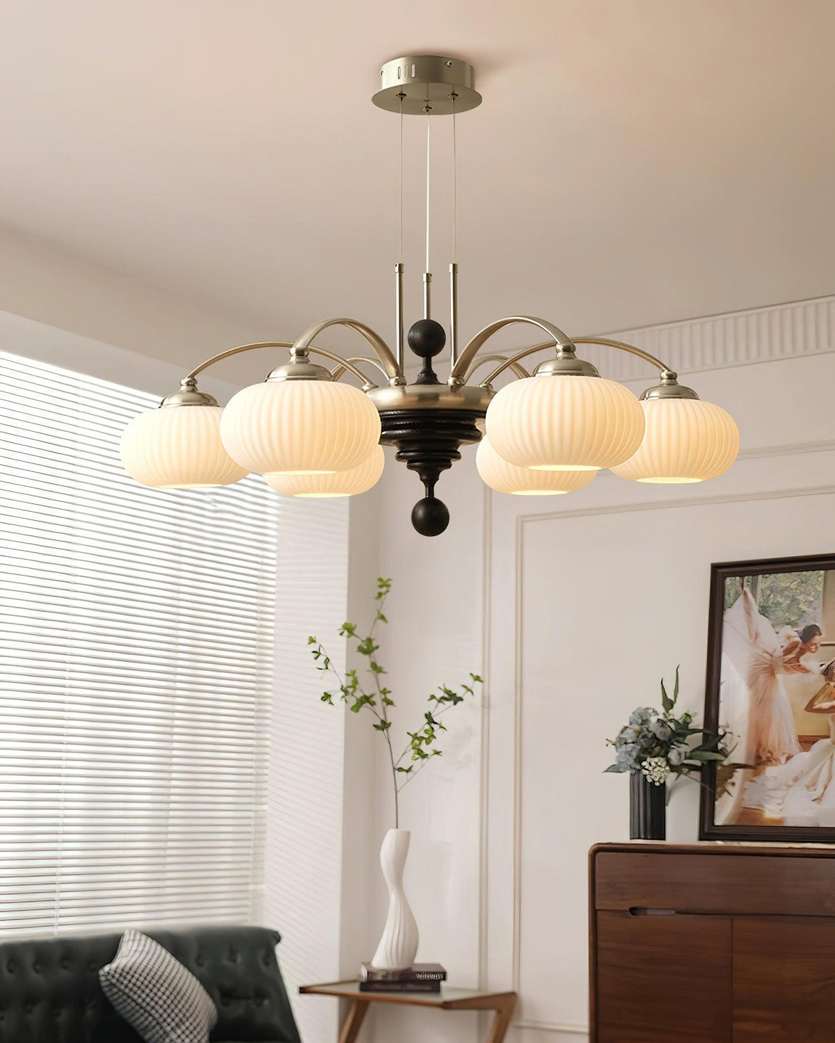 Multi-Light Wood & Glass Statement Fixture for Dining Rooms | Mixed Material Ceiling Light with Ribbed Shades | Modern Ambient Overhead Ligh
