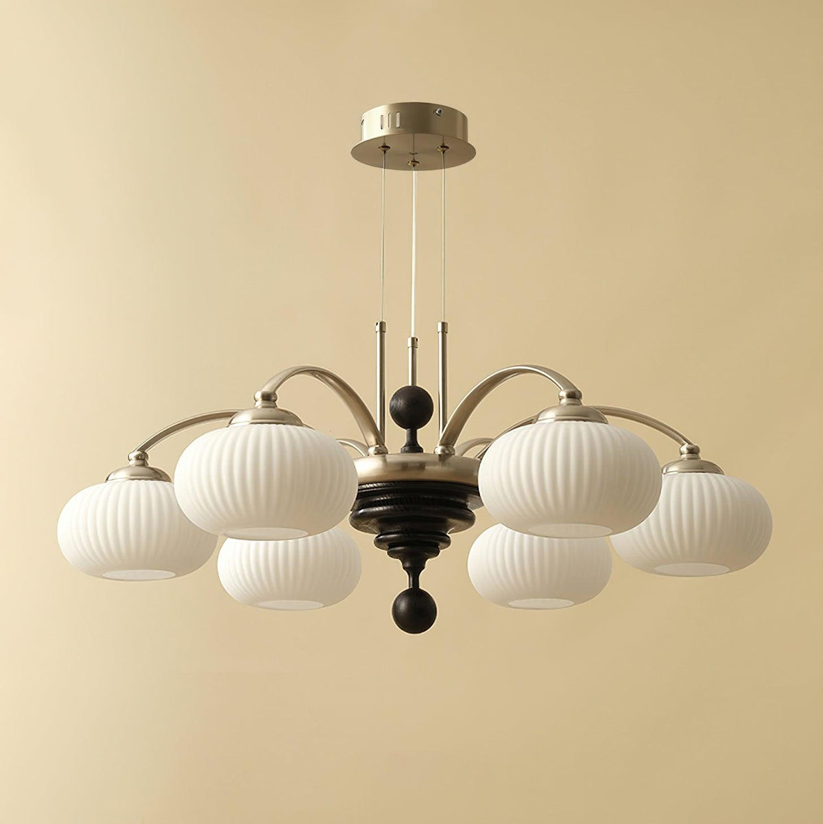 Multi-Light Wood & Glass Statement Fixture for Dining Rooms | Mixed Material Ceiling Light with Ribbed Shades | Modern Ambient Overhead Ligh