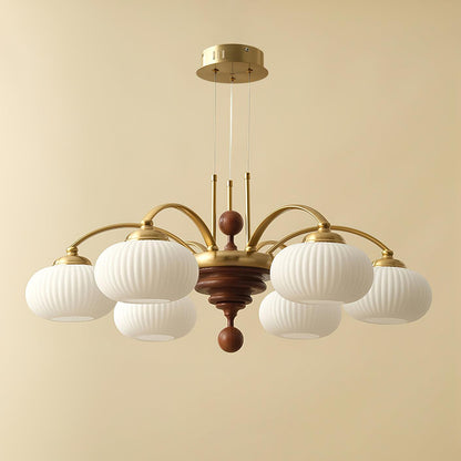 Multi-Light Wood & Glass Statement Fixture for Dining Rooms | Mixed Material Ceiling Light with Ribbed Shades | Modern Ambient Overhead Ligh