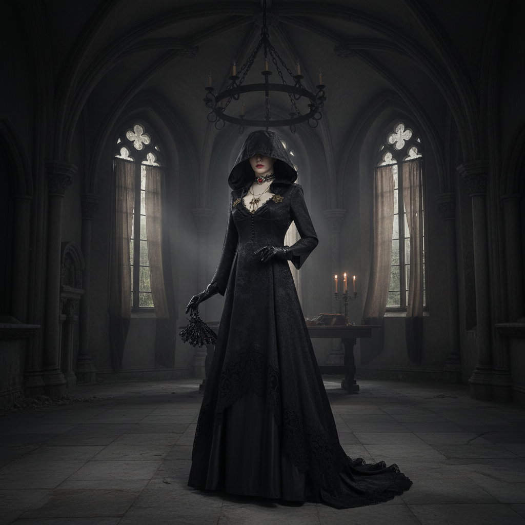 Gothic Vampire Costume | Elegant Black Dress with Cloak & Accessories for Striking Halloween Look