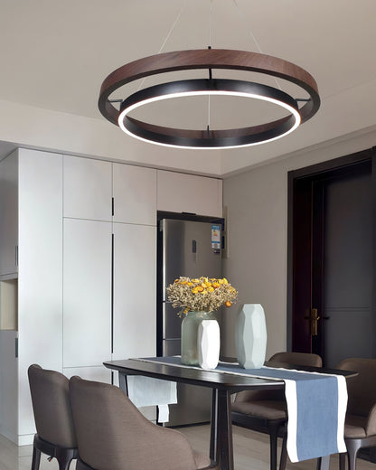 Dual-Ring LED Overhead Fixture Walnut & Black Finish Contemporary Dining Room Suspended Lighting 24-40 Inch Ceiling Mount