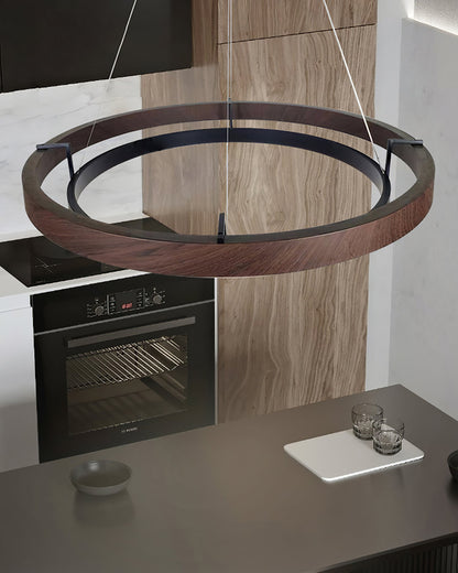 Dual-Ring LED Overhead Fixture Walnut & Black Finish Contemporary Dining Room Suspended Lighting 24-40 Inch Ceiling Mount