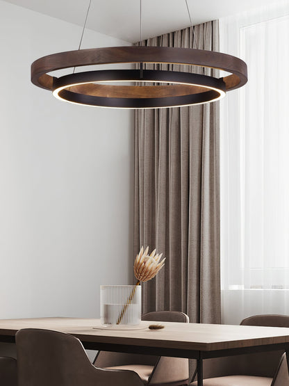 Dual-Ring LED Overhead Fixture Walnut & Black Finish Contemporary Dining Room Suspended Lighting 24-40 Inch Ceiling Mount