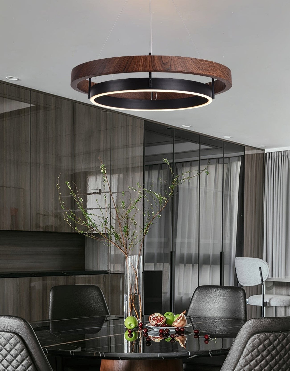 Dual-Ring LED Overhead Fixture Walnut & Black Finish Contemporary Dining Room Suspended Lighting 24-40 Inch Ceiling Mount