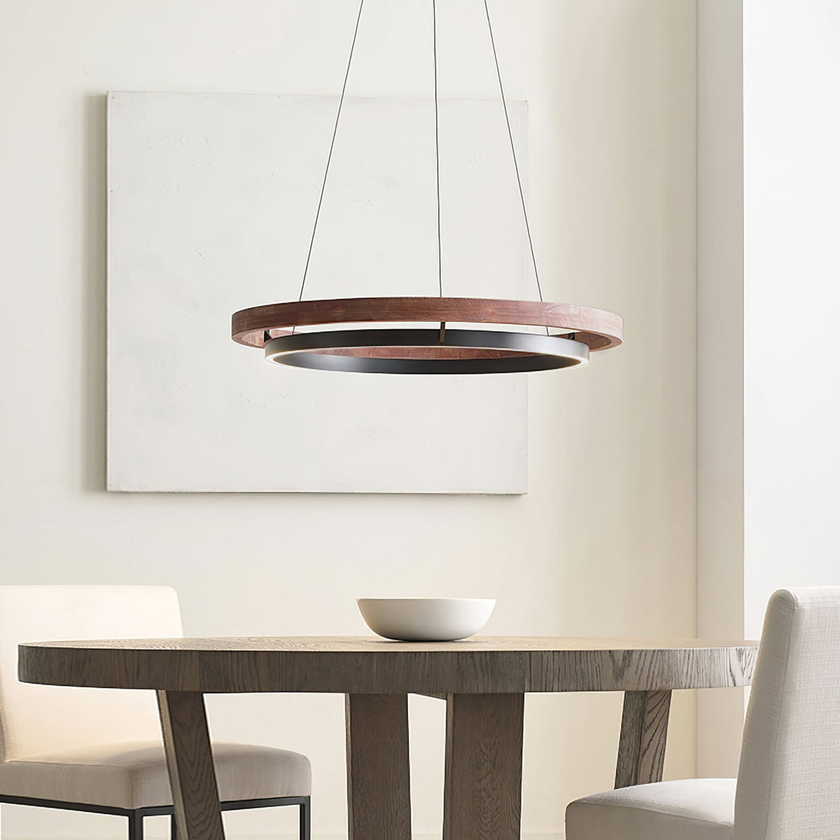 Dual-Ring LED Overhead Fixture Walnut & Black Finish Contemporary Dining Room Suspended Lighting 24-40 Inch Ceiling Mount