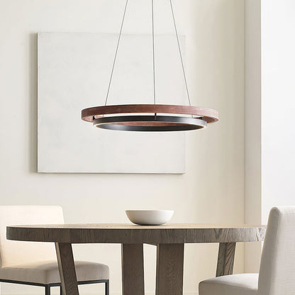 Dual-Ring LED Overhead Fixture Walnut & Black Finish Contemporary Dining Room Suspended Lighting 24-40 Inch Ceiling Mount