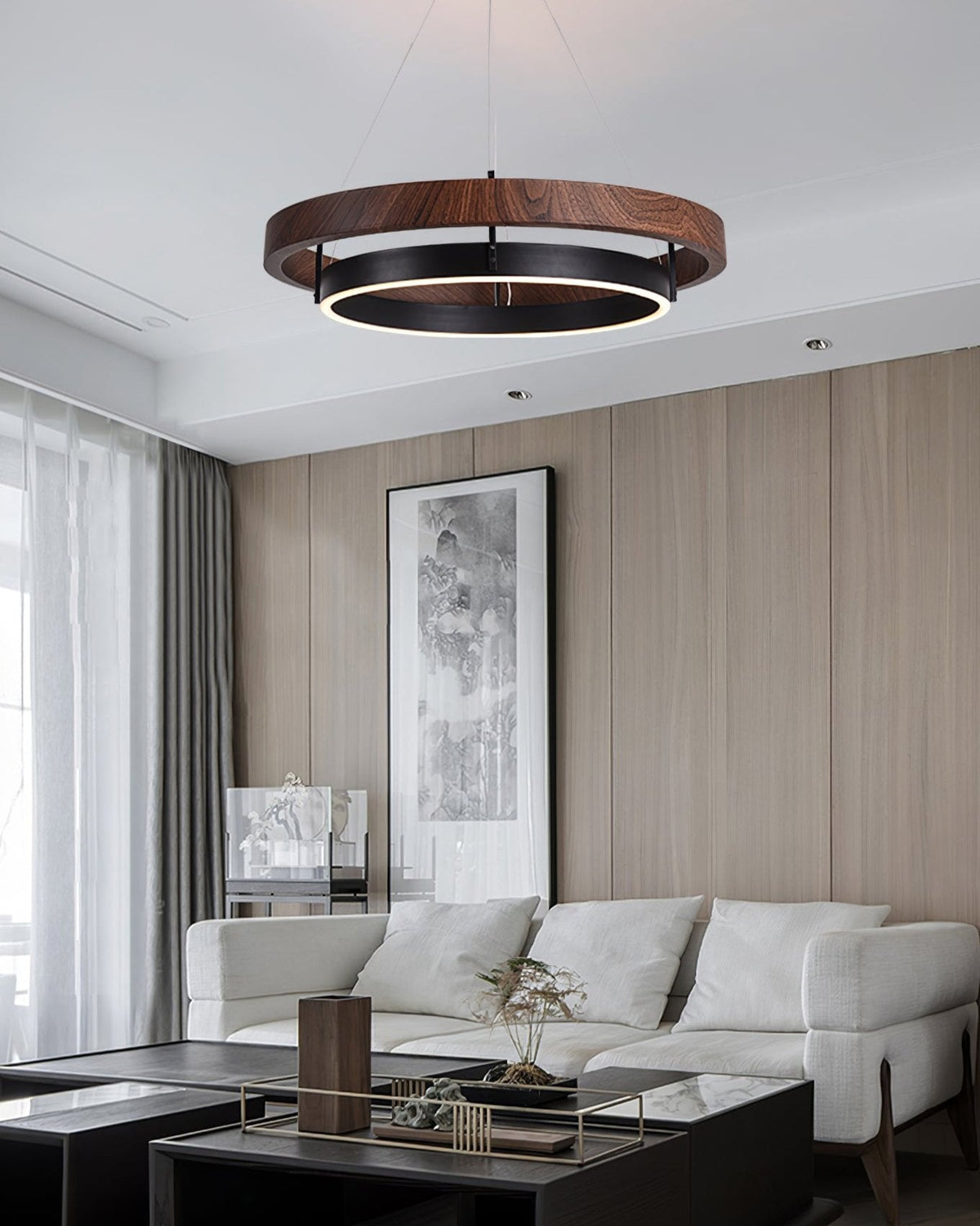 Dual-Ring LED Overhead Fixture Walnut & Black Finish Contemporary Dining Room Suspended Lighting 24-40 Inch Ceiling Mount