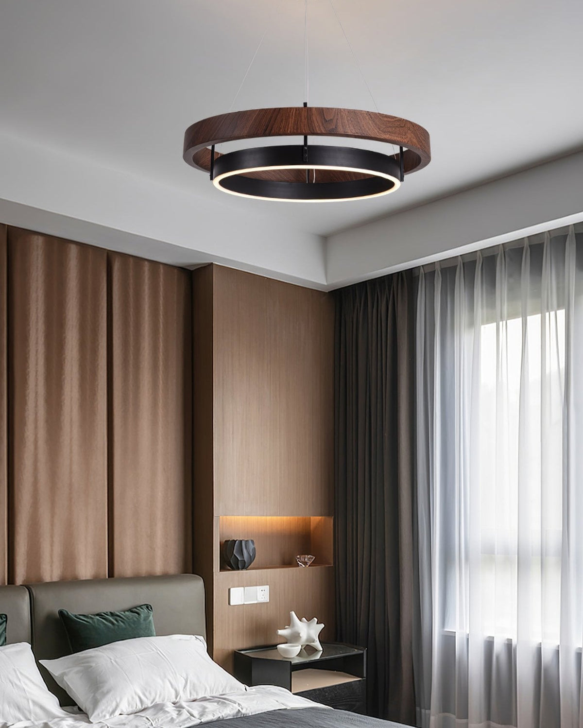 Dual-Ring LED Overhead Fixture Walnut & Black Finish Contemporary Dining Room Suspended Lighting 24-40 Inch Ceiling Mount