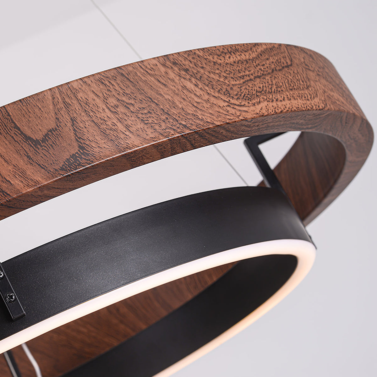 Dual-Ring LED Overhead Fixture Walnut & Black Finish Contemporary Dining Room Suspended Lighting 24-40 Inch Ceiling Mount