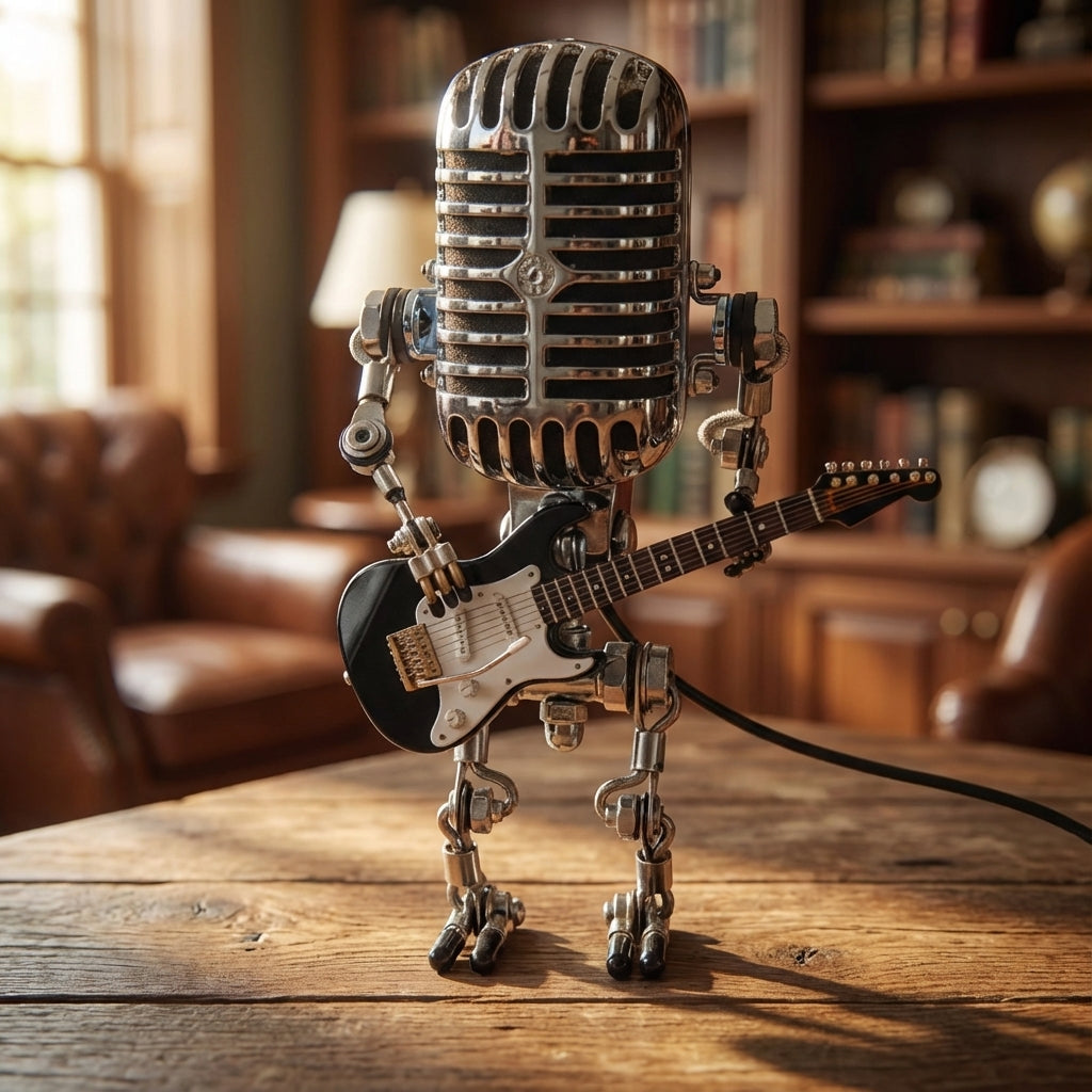 Robot Musician Accent Lamp with Guitar Detail 8.7 in Plastic LED Nightstand Light for Bedroom Office Music Room Unique Desk Decor Gift