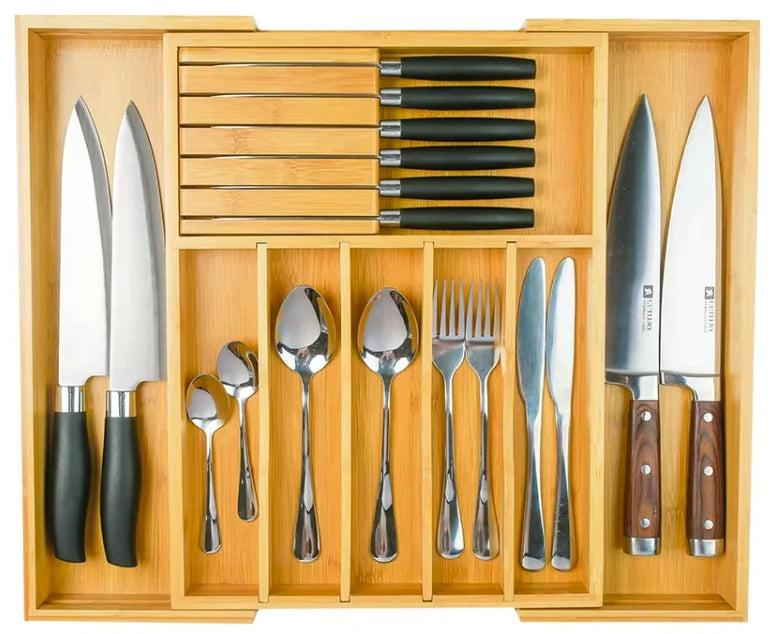 EcoCraft | Bamboo Drawer Organizer with Adjustable Compartments | Space-Saving Storage for Kitchenware and Knives