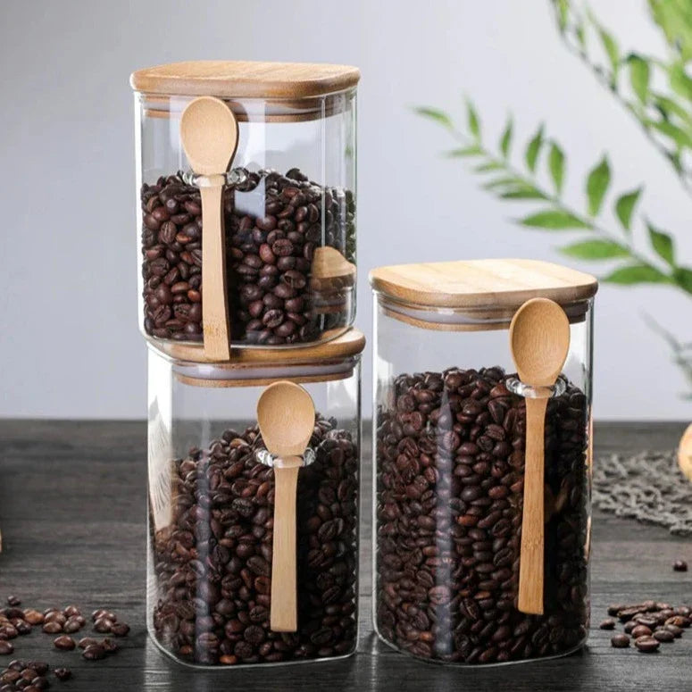 Glass Food Storage Jars with Bamboo Lids 8 Inch 3-Piece Airtight Canister Set for Pantry Organization Kitchen Countertop Dry Goods Container