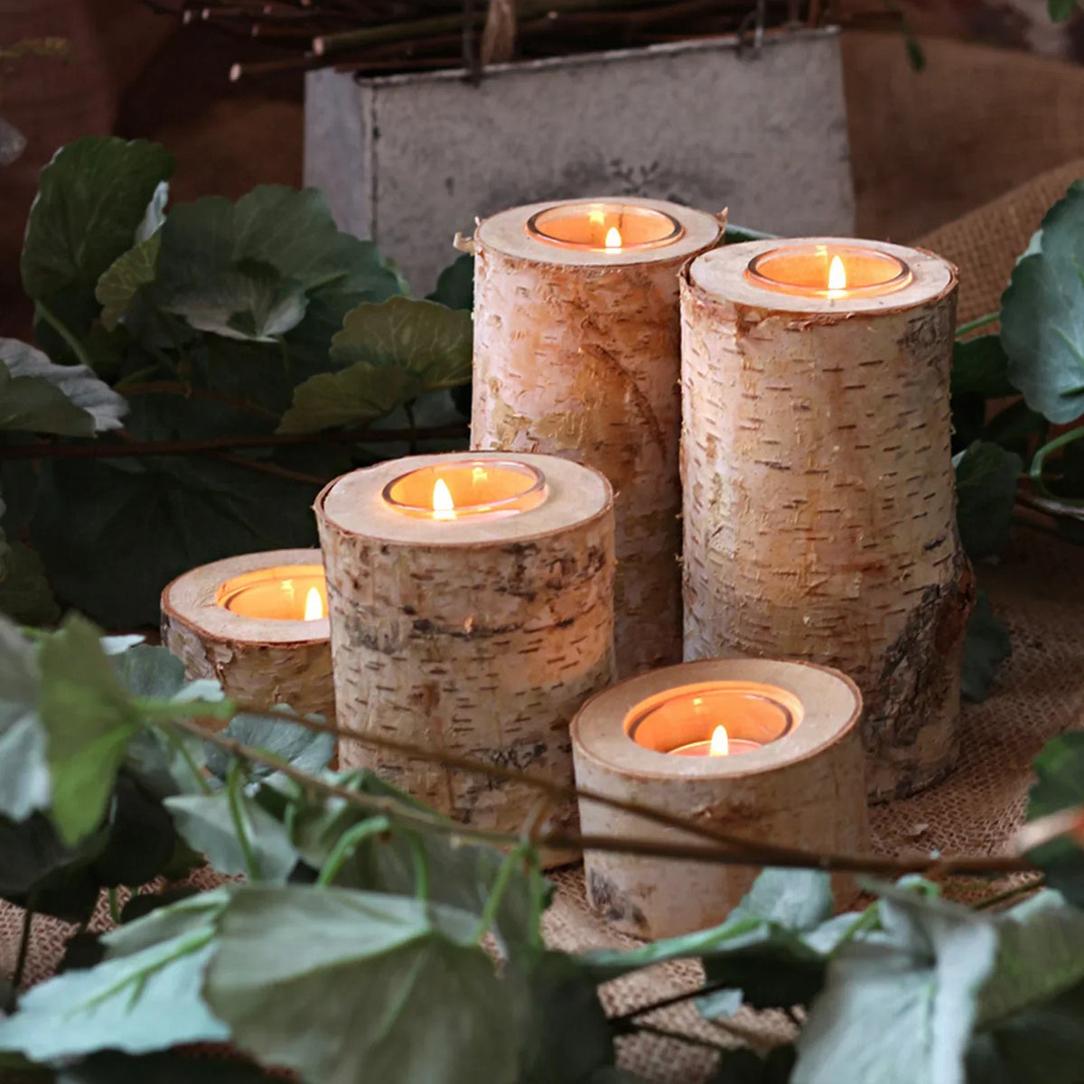 Natural Wood Tealight Holder Rustic Decorative Accent Glass Insert Candle Stand for Dining Table Living Room Mantle Home Decor Centerpiece
