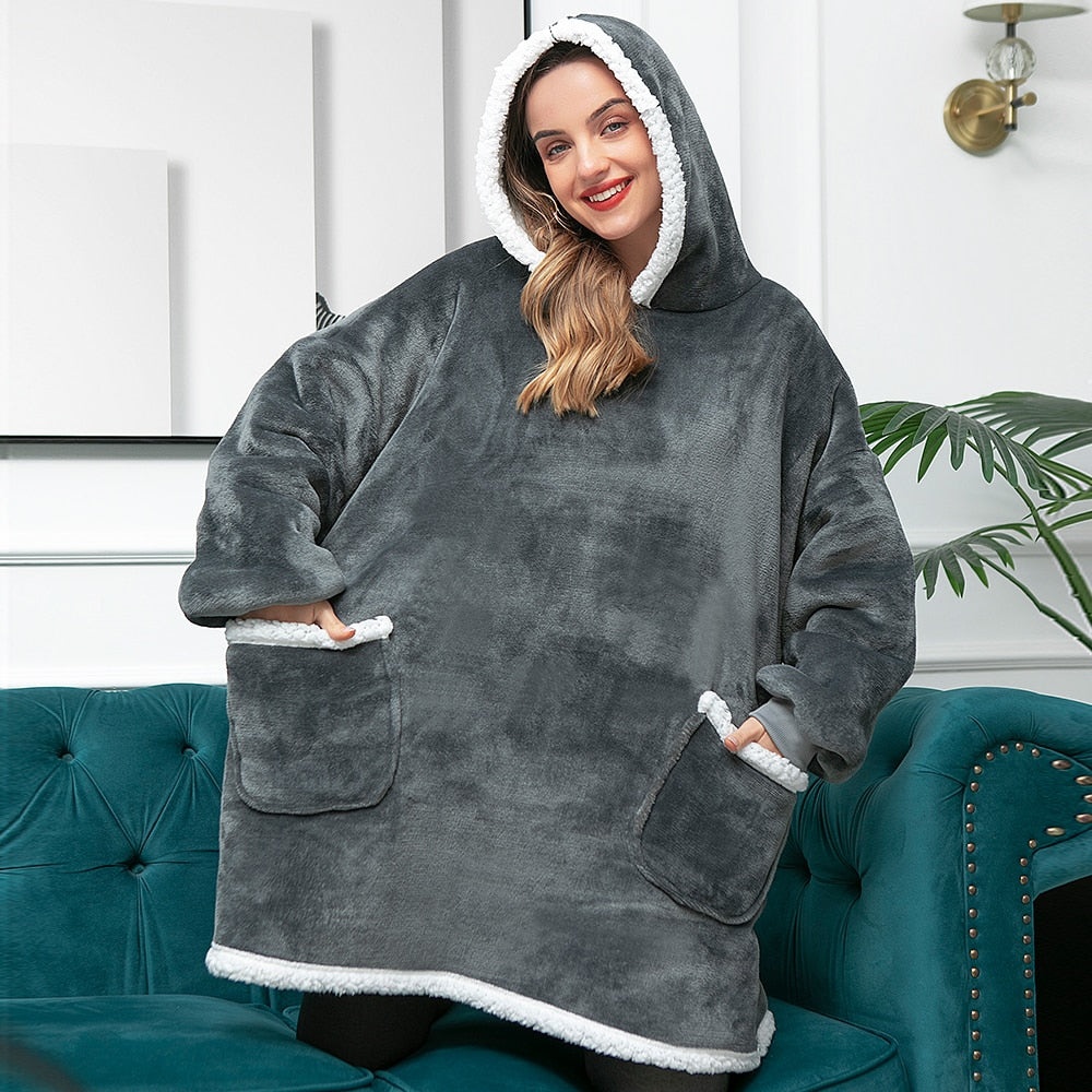 Oversized Wearable Blanket Hoodie with Pocket – Soft Fleece Throw for Couch & Bed – One Size Adults & Teens