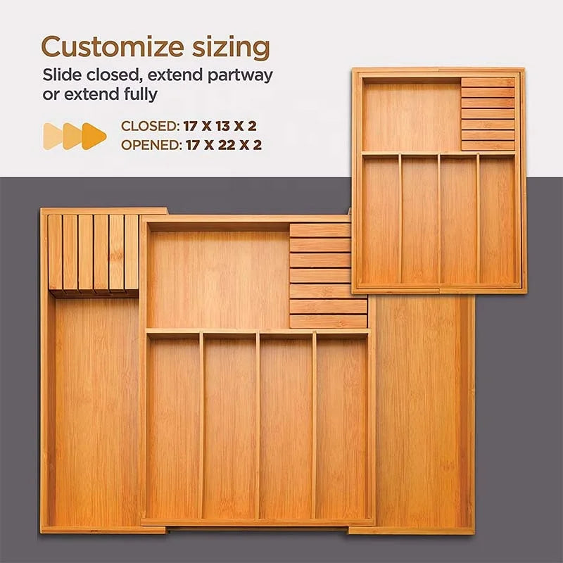 Bamboo Drawer Organizer Expandable, Kitchen Drawer Organizer for Utensils, Adjustable Utensil Organizer Cutlery Tray