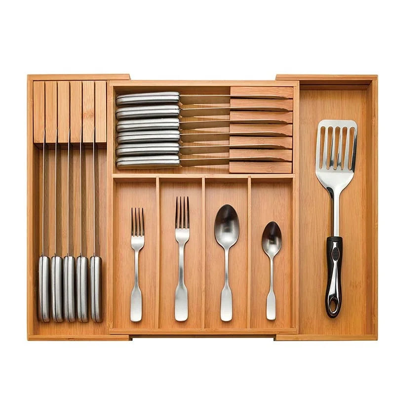 Bamboo Drawer Organizer Expandable, Kitchen Drawer Organizer for Utensils, Adjustable Utensil Organizer Cutlery Tray