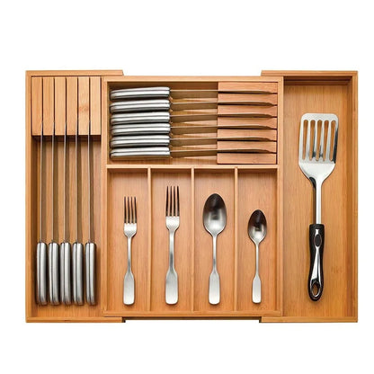 Bamboo Drawer Organizer Expandable, Kitchen Drawer Organizer for Utensils, Adjustable Utensil Organizer Cutlery Tray