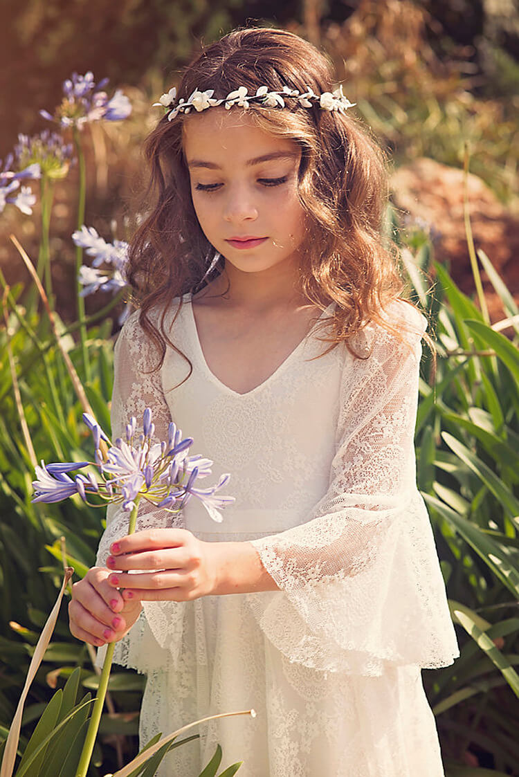 Girls White Lace Communion Dress with Bohemian Details for First Communion Ceremonies and Special Occasions