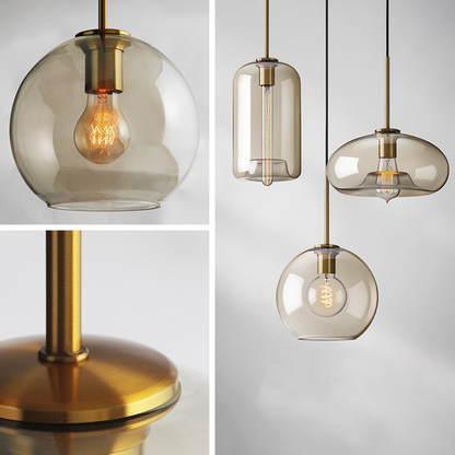 Amber Glass Pendant Light Fixture with Adjustable Cable for Kitchen Island Dining Room Bedroom Modern Hanging Ceiling Lamp Iron Frame