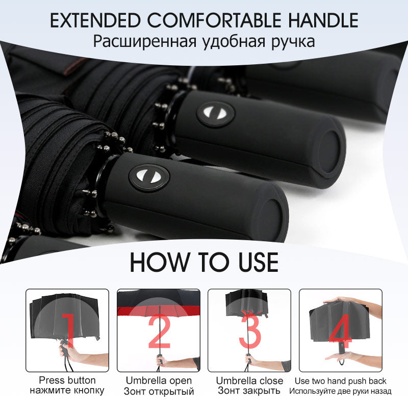Reverse-Close Inverted Umbrella with Auto-Open Button – Wind-Resistant Double-Layer Canopy for Storm Protection – Hands-Free C-Handle