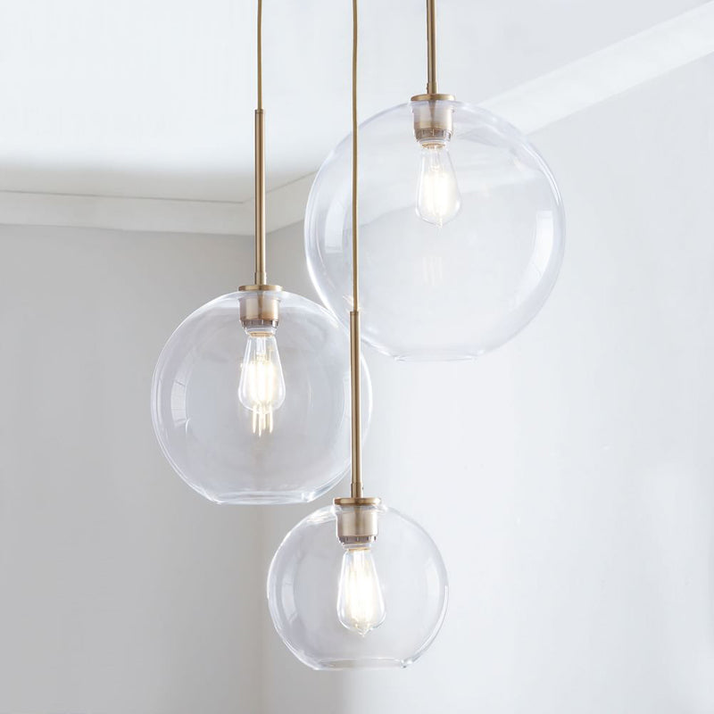 Glass Globe Pendant Light | Single Bulb Hanging Fixture with Brass & Metal Finish | Adjustable Cord Height | 8-12 Inch Diameter | E26