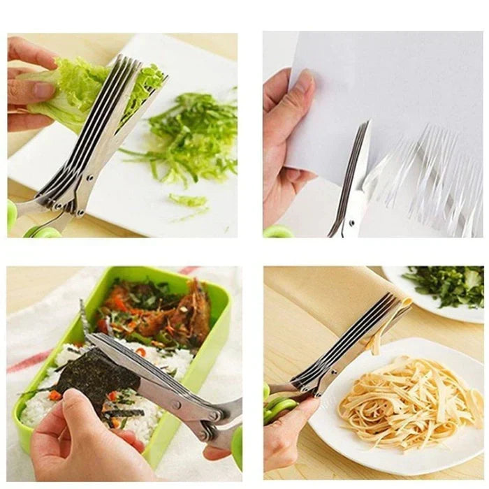Multi-Blade Herb Shears Stainless Steel with Cleaning Comb for Lettuce Basil Parsley Chives | Kitchen Tool Food Prep Gadget Veggie Chopper