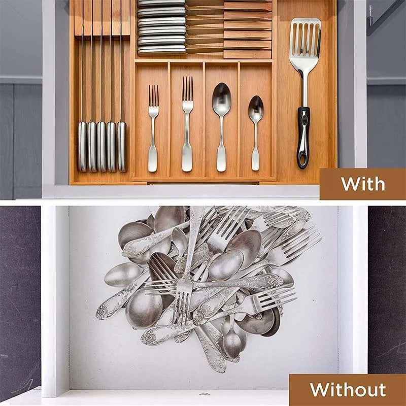 Bamboo Drawer Organizer Expandable, Kitchen Drawer Organizer for Utensils, Adjustable Utensil Organizer Cutlery Tray