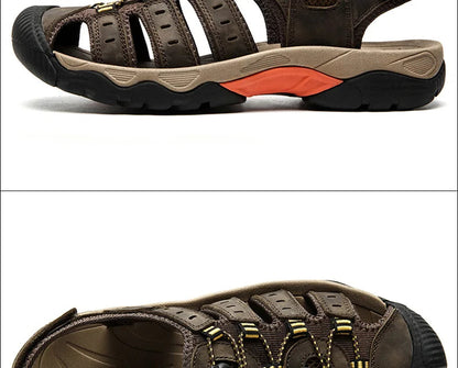 Mens Sandals, Genuine Leather Sandals with Elastic Strap, Comfortable Hiking Sandals for Walking and Summer