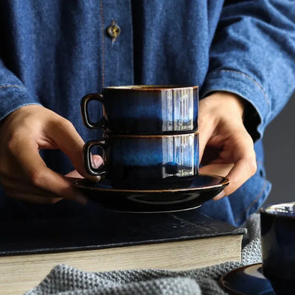 Porcelain Cup and Saucer Set 12 oz Deep Blue Finish for Hot Beverages Home Kitchen Daily Use Coffee Tea Breakfast Serving Dinnerware Drinkwa