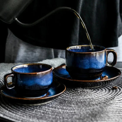 Porcelain Cup and Saucer Set 12 oz Deep Blue Finish for Hot Beverages Home Kitchen Daily Use Coffee Tea Breakfast Serving Dinnerware Drinkwa