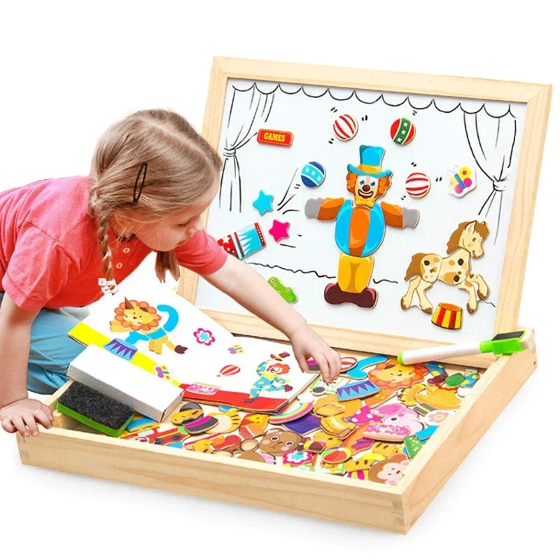 Double-Sided Wooden Drawing & Puzzle Board for Kids – Magnetic Pieces, Dry-Erase & Chalkboard, Travel Storage Case