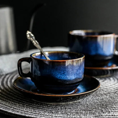 Porcelain Cup and Saucer Set 12 oz Deep Blue Finish for Hot Beverages Home Kitchen Daily Use Coffee Tea Breakfast Serving Dinnerware Drinkwa