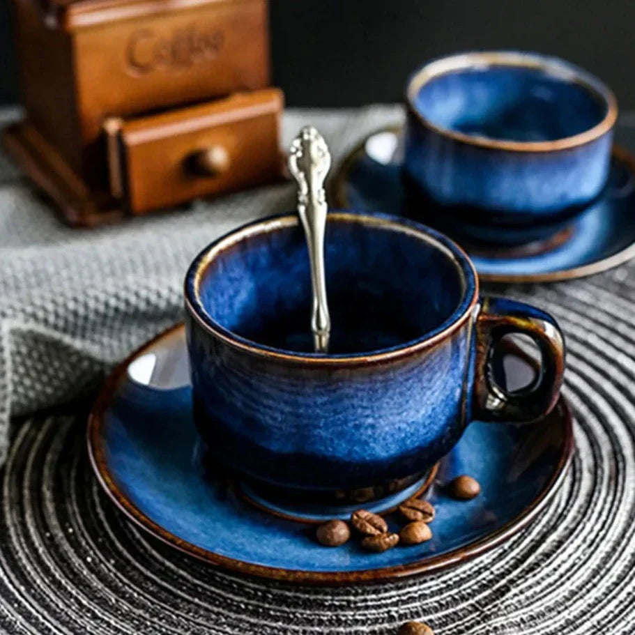 Porcelain Cup and Saucer Set 12 oz Deep Blue Finish for Hot Beverages Home Kitchen Daily Use Coffee Tea Breakfast Serving Dinnerware Drinkwa