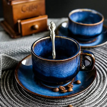 Porcelain Cup and Saucer Set 12 oz Deep Blue Finish for Hot Beverages Home Kitchen Daily Use Coffee Tea Breakfast Serving Dinnerware Drinkwa
