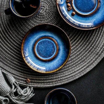 Porcelain Cup and Saucer Set 12 oz Deep Blue Finish for Hot Beverages Home Kitchen Daily Use Coffee Tea Breakfast Serving Dinnerware Drinkwa
