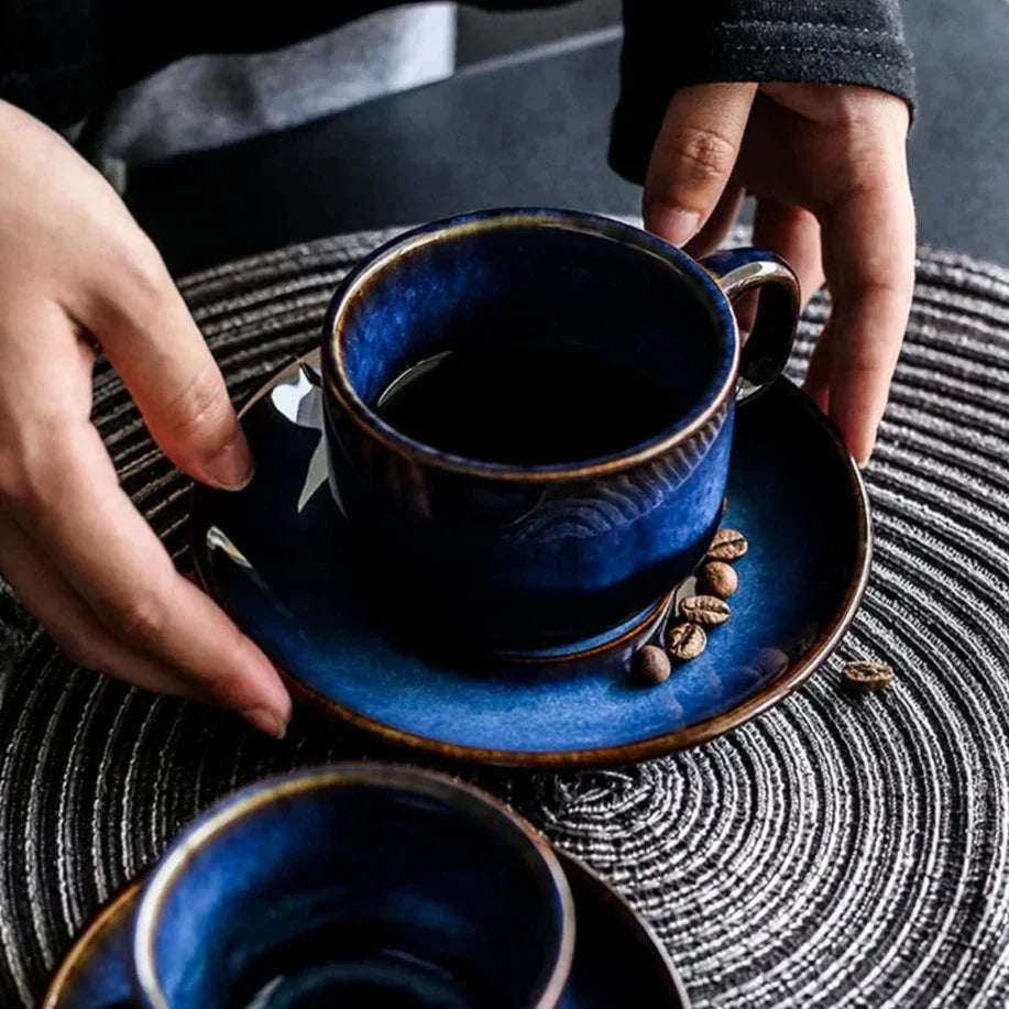 Porcelain Cup and Saucer Set 12 oz Deep Blue Finish for Hot Beverages Home Kitchen Daily Use Coffee Tea Breakfast Serving Dinnerware Drinkwa