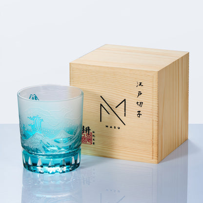 Japanese Wave Crystal Whisky Glass with Mt. Fuji Engraving in Golden or Blue Finish, Handcut Tumbler in Wooden Gift Box for Spirits and Bour