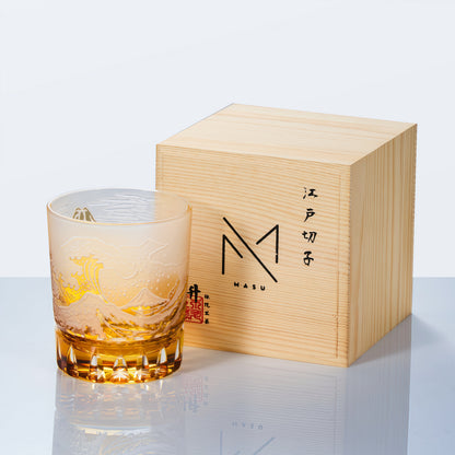 Japanese Wave Crystal Whisky Glass with Mt. Fuji Engraving in Golden or Blue Finish, Handcut Tumbler in Wooden Gift Box for Spirits and Bour