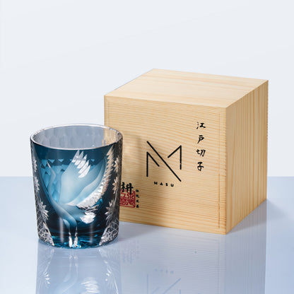 Japanese Cut Crystal Whisky Tumbler with Crane Motif and Gift Box for Spirits and Cocktails