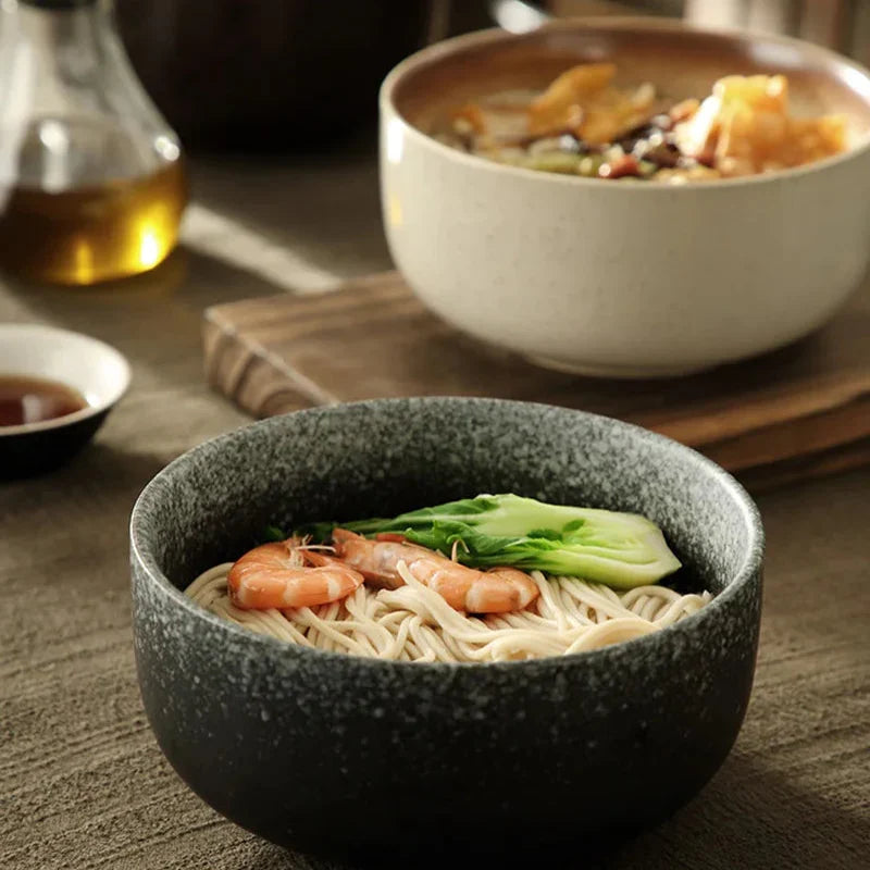 Handcrafted Ceramic Soup Bowl Set of 4 with Spoon and Chopsticks for Ramen Noodles Salad Stew Kitchen Dining Table Dishwasher Safe
