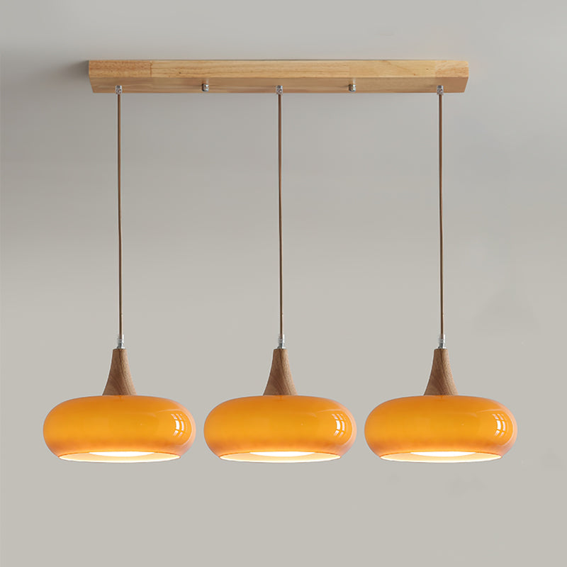 Wood & Amber Glass Pendant Light – Single, Double or Triple Head Design for Kitchen & Dining Room