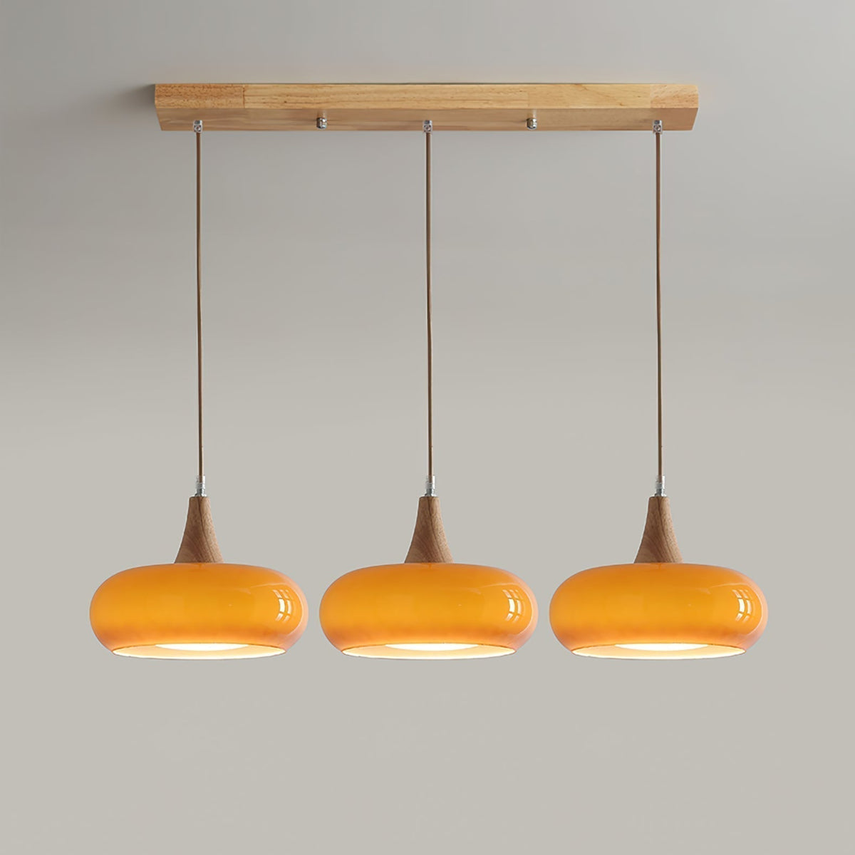 Wood & Amber Glass Pendant Light – Single, Double or Triple Head Design for Kitchen & Dining Room